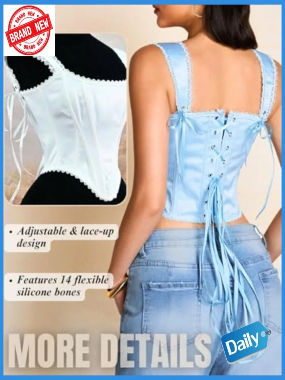 Satin Corset Crop Top, Square Neck Lace Trim Bustier, Renaissance Fairy